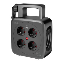 Prelungitor PRELUNGITOR LOGILINK, Schuko x 4, conectare prin Schuko (T), 16 A, 1xUSB-A, 1xUSB-C, comutator oprire termica, cablu 5m tip bobina, protectie IP20, negru, "LPS504" (timbru verde 2 lei)