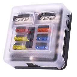 Panou sigurante auto cu 6 circuite, 12V/24V, cu bara negativa, capac protectie, etichete si sigurante incluse – max. 100A / 30A pe circuit