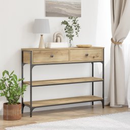 Masa consola, stejar artizanal, 100x25x75 cm, lemn si otel GartenMobel Dekor