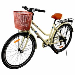 Bicicleta de oras pentru dama 26 inch, 7 viteze, cos si portbagaj, crem