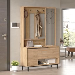 Cuier hol compact Vesanto cu oglinda si dulap, stejar, 178x112x36 cm