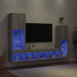 Unitati de perete TV cu LED-uri, 4 piese, gri sonoma, lemn GartenMobel Dekor