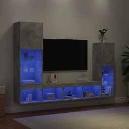 Unitati TV de perete cu LED-uri 4 piese gri beton lemn compozit GartenMobel Dekor