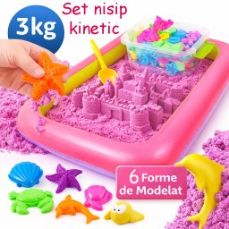Set nisip kinetic roz 3 kg cu 6 forme si cutie gonflabila 45x58 cm