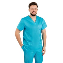 Halat medical turcoaz cu elastan,barbati, cu anchior in forma V cu trei buzunare aplicate