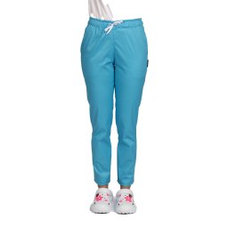 Pantaloni medicali elastici turcoaz, dama, cu snur si doua buzunare laterale
