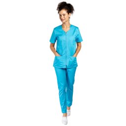 Costum medical turcoaz, cu elastan, bluza cu fermoar cambrata, trei buzunare aplicate si pantaloni cu snur