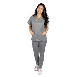Costum medical cu elastan gri, dama, format din bluza cu anchior in V si pantaloni gri cu snur