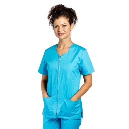 Halat medical cu elastan turcoaz, inchidere cu fermoar si trei buzunare aplicate