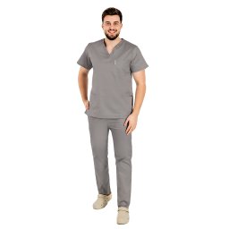 Costum medical gri cu elastan, barbati, bluza cu anchior in forma V si pantaloni cu snur