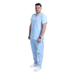 Costum medical bleu cu elastan, barbati, bluza cu anchior in forma V si pantaloni cu snur