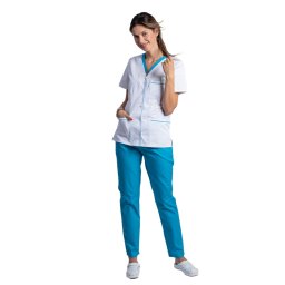Costum medical cu elastan format din bluza alb cu paspol turcoaz si pantaloni turcoaz cu elastic