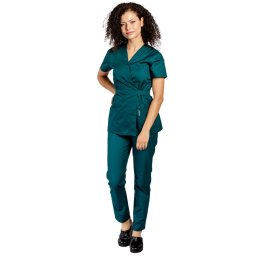 Costum medical verde tuborg, cu elastan, bluza tip kimono si pantaloni cu snur in talie