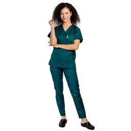 Costum medical tuborg cu elastan, dama, bluza cu anchior in forma V si pantaloni tuborg cu snur