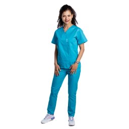 Costum medical turcoaz cu elastan cu bluza cu anchior in forma V si pantaloni turcoaz cu snur