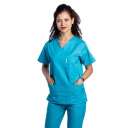 Halat medical turcoaz cu elastan, dama, cu anchior in V si trei buzunare aplicate