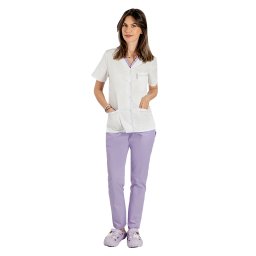 Costum medical cu elastan format din bluza alb cu paspol lila si pantaloni lila cu elastic