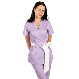 Halat medical kimono lila cu paspol alb si cordon cu legare tip fundita