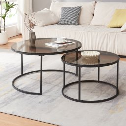 Set 2 masute de cafea Kokkola, sticla fumurie gri si metal