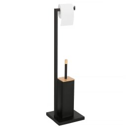 Stand perie WC cu suport hartie igienica, metal si bambus, 79 cm, negru