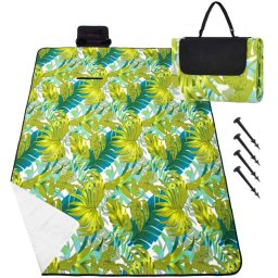 Patura pentru picnic sau plaja, cu folie izolatoare si maner, 150x200cm, model frunze, verde