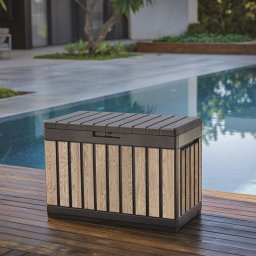 Cufar depozitare accesorii terasa si gradina, pentru unelte si jucarii, cu capac, material polipropilena, rezistenta UV, culoare bej, manere, Keter Kentwood 190 L