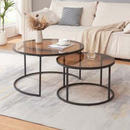 Set 2 masute de cafea Kokkola cu sticla fumurie maro si cadru metalic