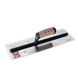 Gletiera inox, intarita, cu zimti 8x8, Premium Gold, 40.6x12 cm x 0.65 mm, maner piele Alcantara, Olejnik GartenVIP DiyLine