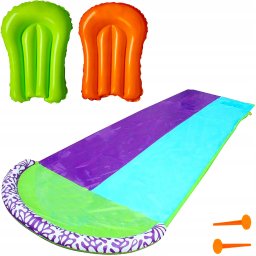 Tobogan de apa dublu cu fantana si 2 placi gonflabile incluse, 482x145 cm, multicolor