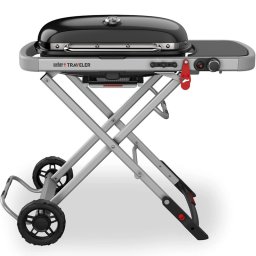 Gratar portabil pe gaz Weber Traveler WB 9010075, 3.5 kW, 63.5x34.3 cm, Grill emailat, Arzator otel inoxidabil, 2 roti, Negru/Argintiu