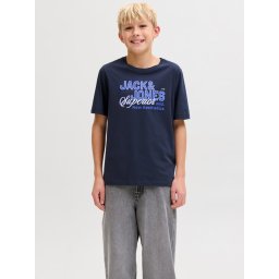 Jack & Jones Tricou baieti, Regular fit la baza gatului cu imprimeu text, Bleumarin inchis (SELECTATI MARIMEA: 152 cm)
