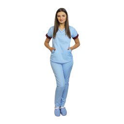 Costum medical format din bluza bleu cu paspol grena si pantaloni bleu, model Amani