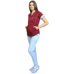 Costum medical format din bluza grena cu paspol bleu si pantaloni , model Amani