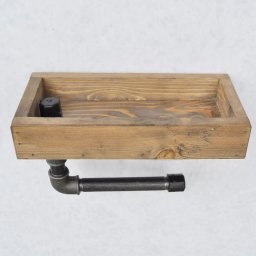 Raft perete baie industrial 28x16x14 cm, lemn molid masiv lucrat manual, suporti teava metal, nuc/negru - Verificat A · Re-Bloom