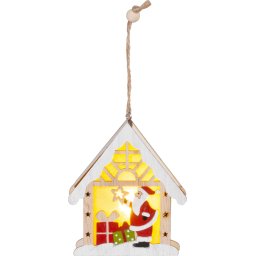 Decoratiune suspendabila LED de Craciun, Mos Craciun în casuta