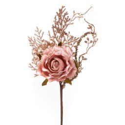 Crenguta decorativa de Craciun cu trandafir roz-auriu, 26 cm