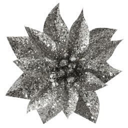Set 6 flori decorative de Craciun argintii cu clips, 9 cm