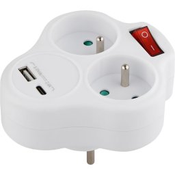 Priza dubla Strend Pro cu USB-A, USB-C si intrerupator, alba