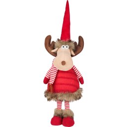 Figurina decorativa ren de Craciun cu fular rosu, textila, 55 cm