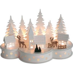 Decoratiune de Craciun sat cu reni, 10 LED alb cald, MDF, 30 cm