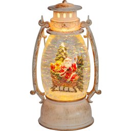 Felinar decorativ de Craciun retro cu LED, Mos Craciun pe sanie si sclipici