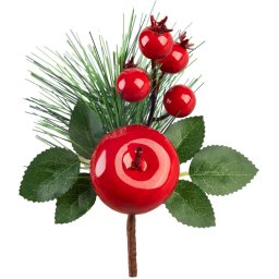 Crenguta decorativa de Craciun cu mar rosu si frunze verzi, 14 cm