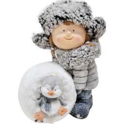 Decoratiune de Craciun LED cu fetita, glob de zapada si pinguin, 33,5 cm