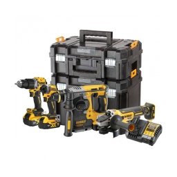 DeWalt - DCD805N + DCF850N + DCH273N + DCG405N - Masina de gaurit si insurubat cu percutie, 90 Nm + Masina de insurubat cu impact, 205 Nm + Rotopercutor SDS-Plus, 2.1 J + Polizor unghiular, 125 mm + Set 3 acumulatori si incarcator, Li-Ion, 18 V, 5 Ah + 2