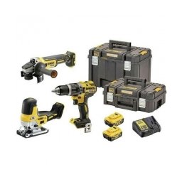 DeWalt - DCD796N + DCS335N + DCG405N - Masina de gaurit si insurubat cu percutie, 70 Nm + Fierastrau pendular + Polizor unghiular, 125 mm + Set 2 acumulatori si incarcator, Li-Ion, 18 V, 5 Ah + 2 x valiza speciala