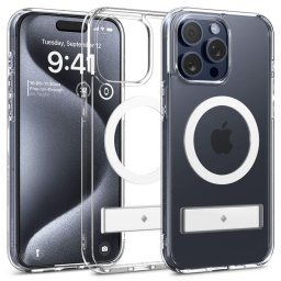 Husa Caseology by Spigen Capella MagSafe Kickstand - Husă telefon - compatibil cu Apple iPhone 15 Pro Max - MagSafe, Kickstand / Suport - culoare Alb, Transparent