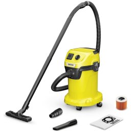 Aspirator industrial umed/uscat 1000W, recipient 19L, priză pentru scule electrice, filtru cartuș, funcție suflare, 4 m cablu, galben