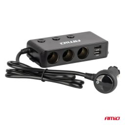 Triplu stecher bricheta auto cu prelungitor, voltmetru, USB-C si QC3.0