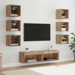 Cabinet TV cu lumini cu banda LED 8 pcs Stejar Artizanal Sticla GartenMobel Dekor