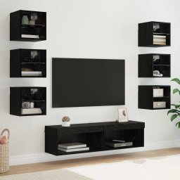Cabinet TV cu lumini cu banda LED 8 pcs Stejar Negru Sticla GartenMobel Dekor